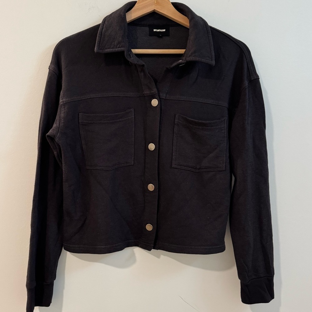 MONROW Supersoft Fleece Cropped Trucker Jacket in Black XS